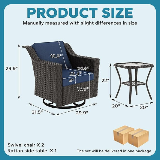 3 Pieces Patio Conversation Furniture Set - 2 Swivel Chairs, 1 Side Table, Outdoor Wicker Rocking Glider Armchairs with Washable and Water-Resistant Cushions for Balcony, (Navy Blue)