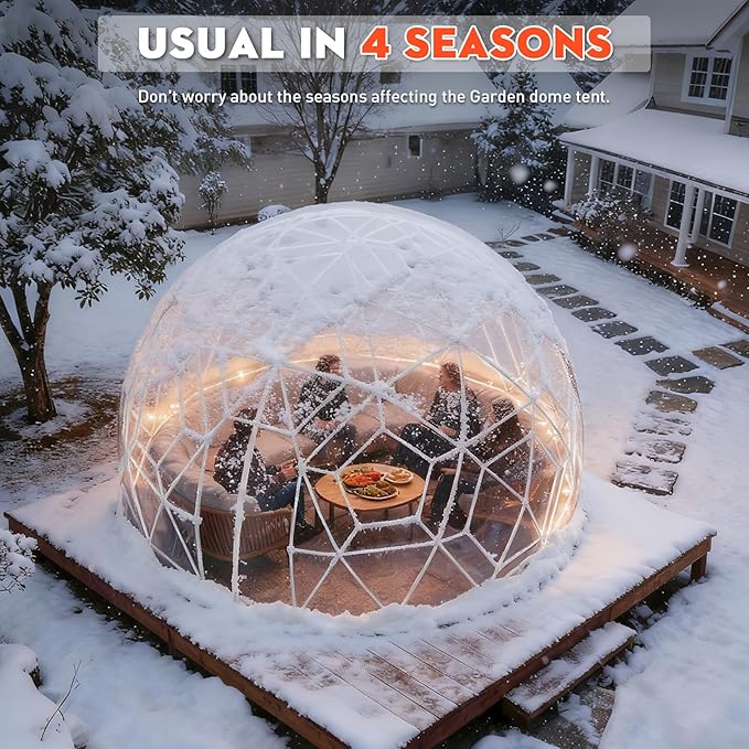 12FT Garden Dome Tent, Geodesic Dome Greenhouse with PVC Clear Cover, Waterproof Garden Bubble Dome Tent House with 2 x 10M Light Strings for Outdoor, Patio, Party