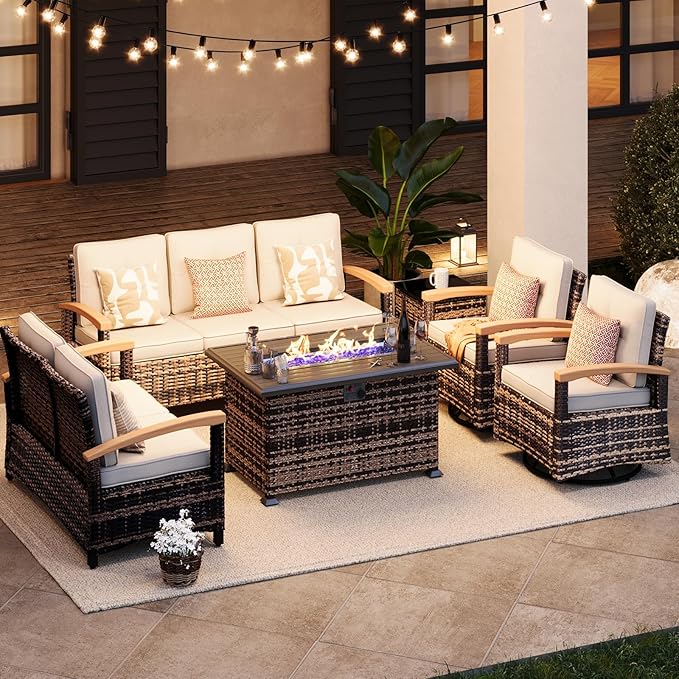 MEISSALIVVE 6 Pieces Patio Furniture Sets with Fire Pit Table, Wicker Outdoor Conversation Sets with 2 Swivel Rocker Chairs, 2 Sofas and Side Table(Brown)