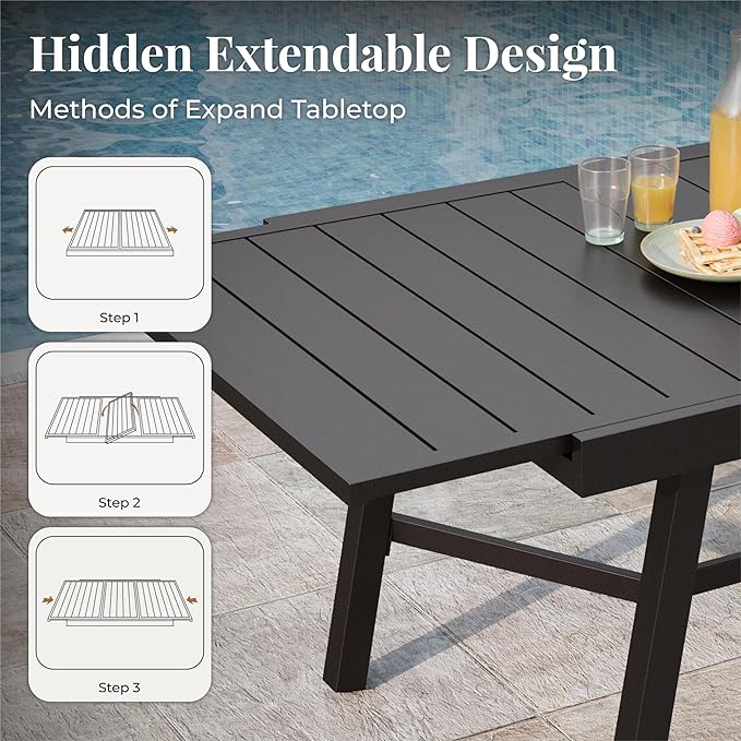 7 Pieces Patio Table and Chairs Set, Patio Dining Set for 6, 6 Textilene Chairs and 1 Expandable Patio Dining Table with Umbrella Hole, for Deck Backyard Lawn Poolside, Blue