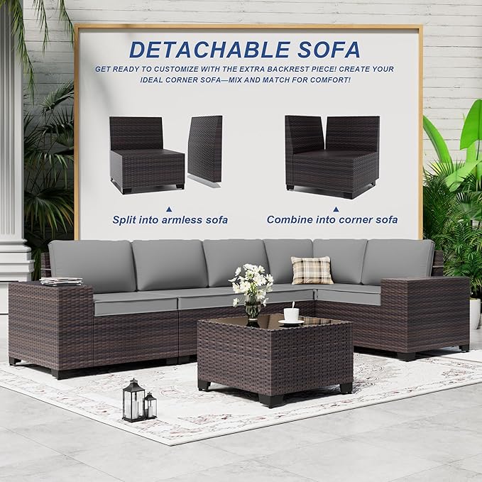 9 Pieces Patio Furniture Set with 2 Swivel Chairs Patio Furniture Outdoor Sectional Sofas Outdoor Patio Conversation Set - Grey