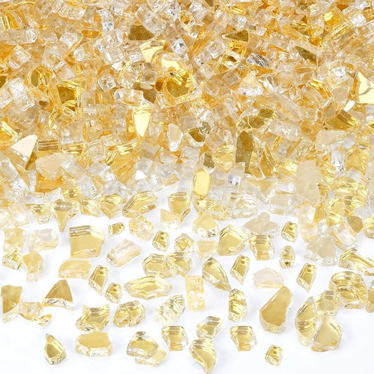 GasSaf 1/4 Inch Fire Glass Reflective Tempered Fireglass Cut Crushed FireGlass for Fire Pit, Fireplace, Replaces Existing Gas Logs & Lava Rocks (20 Pound)(Gold Reflective)
