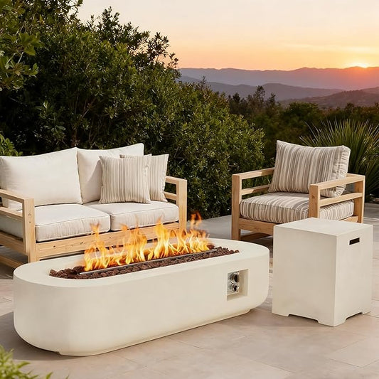 ECOTOUGE 60'' Propane Fire Pit, 2-Piece Gas Fire Pit Table Set w/Tank Cover, Auto-Ignition Steel Fire Table, 50,000 BTU Oval Concrete Fire Pit w/Weather-Resistant Pit Cover, Lava Rocks, White