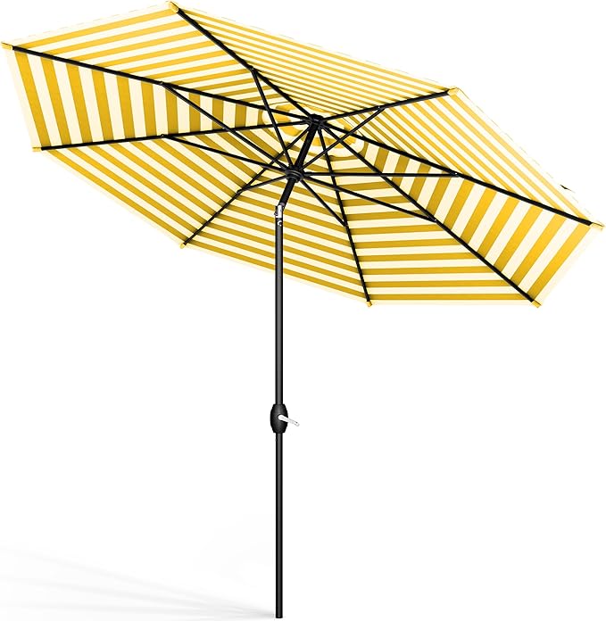 MIDTOWN UMBRELLAS The Lean 9 Feet Outdoor Umbrella With Terylast Sunny Stripes (White/Yellow Stripes) Polyester Fabric - Auto-Tilt Aluminum Frame Patio Umbrella For Deck, Garden, Pool - Black Pole