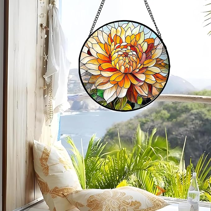 CRISGIF Stained Glass Window Hanging - Chrysanthemum Suncatcher for Doors Garden Patio Birth Flowers Sun Catchers Decor Christmas Mother's Day Birthday Gifts for Women Men Mom Nana Friend 6.3 in