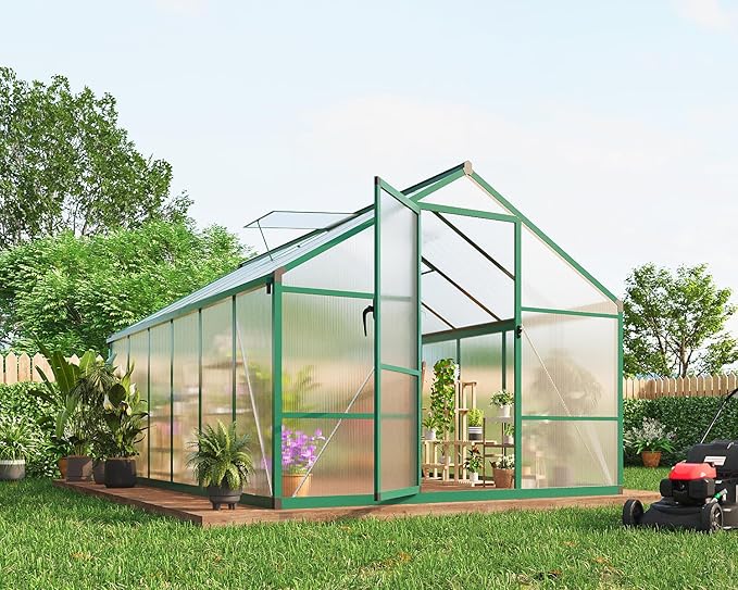8x12 ft Greenhouse for Outdoors, Polycarbonate Greenhouse with Roof Vent, Ground Nails, Lockable Push Door, Aluminum Large Walk-in Green House for Outside Garden Backyard, Patio, Lawn, Green