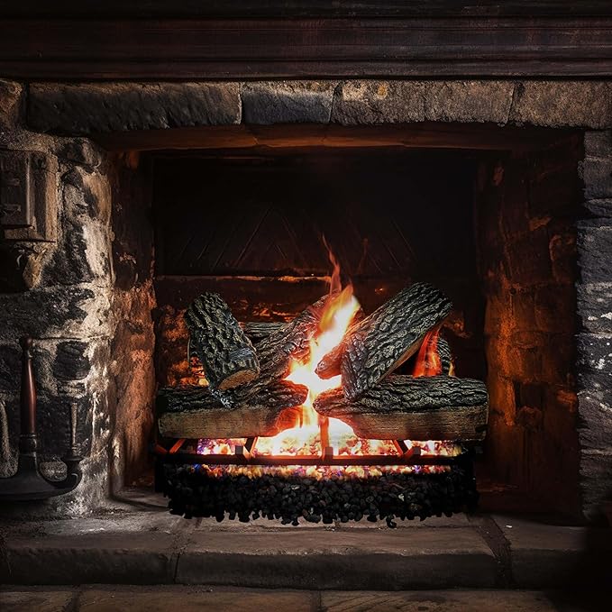 24" Premium Gas Logs - Remote Control Kit Included - for Liquid Propane Vented Fireplaces - Blazing Oak Design (Logs + Remote Light Kit)