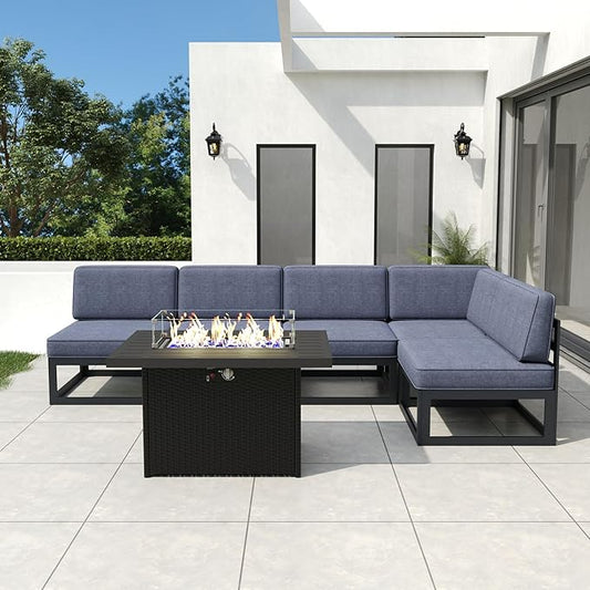 6 Pieces Aluminum Patio Furniture Set with Propane Gas 44" Fire Pit Table, Metal Outdoor Conversation Sofa Set with Seating Cushions