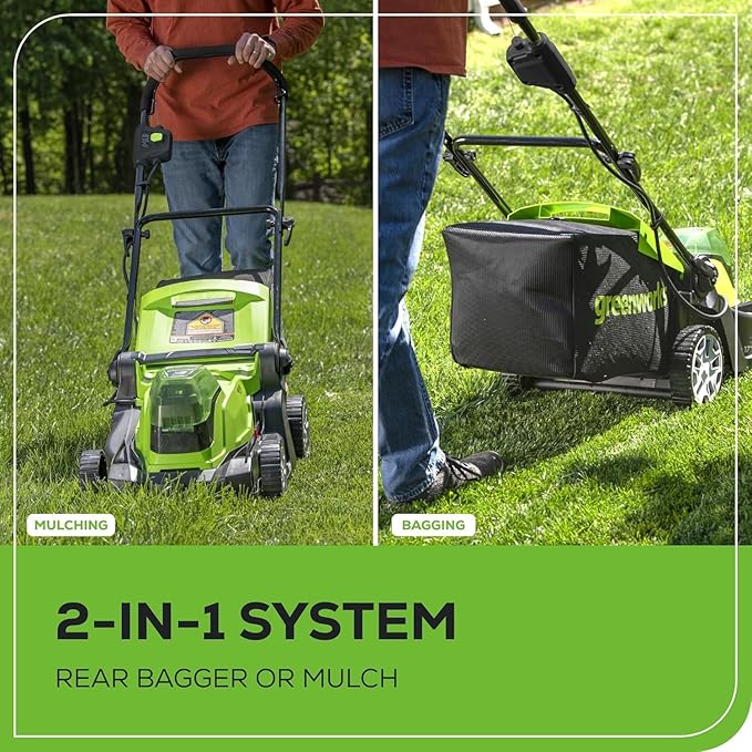 Greenworks 48V (24V x 2) 17" Brushless Mower+12" String Trimmer+320CFM Blower+310 in./lbs Drill Driver, (2) 4.0Ah Batteries and (2) 2.0Ah Batteries, 2A Dual Port Charger