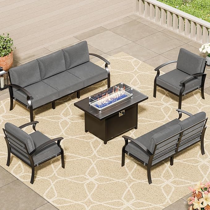 Aluminum Patio Furniture Set with Fire Pit Table, 7 Seats Outdoor Patio Conversation Set Modern Metal Patio Sectional Sofa with Upgrade Cushions for Patio, Backyard (Grey)