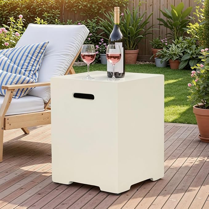 ECOTOUGE Modern Propane Tank Cover, 20 lb Tank Cover Table for Fire Pit Table, Gas Tank Storage Box with Side Handles, Hose Hole, Propane Tank Hideaway, Dual Function for Side or End Table, Beige