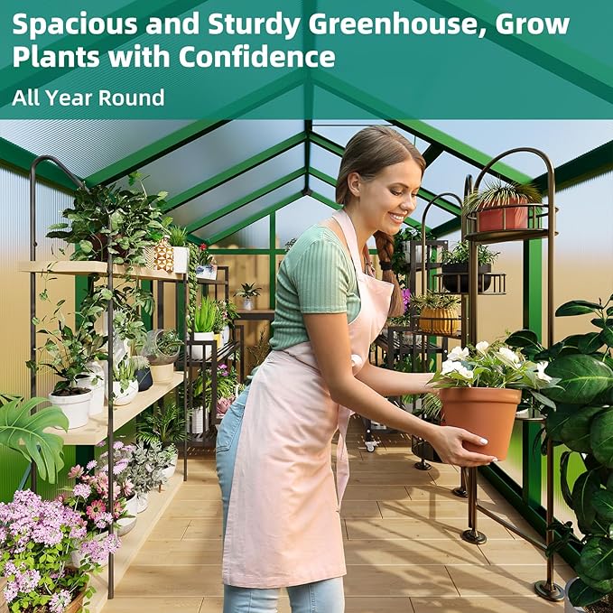 Garvee 6x10 ft Greenhouse - Aluminum Greenhouses for Outdoors, Large Polycarbonate Greenhouse with Roof Vent, Heavy Duty Walk-in Green Houses for Outside Garden, Backyard, Patio, Lawn, Easy Assembly