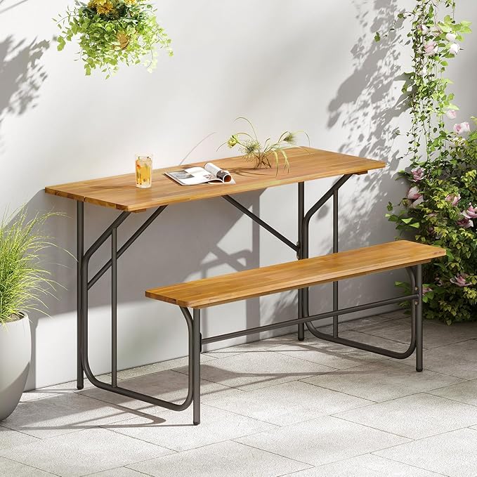 Tangkula Patio Dining Bench Set, Heavy-Duty Outdoor Acacia Wood Dining Furniture with Metal Legs for Balcony, Backyard, Poolside, Garden (1,52” x 32” x 29.5”)