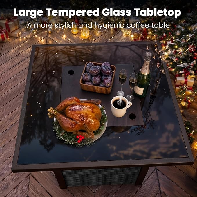 Propane Fire Pit Table, Outdoor Fire Pit Table, 28" Rattan Square Outdoor Gas FirePit with Glass Wind Guard, Tempered Glass Tabletop, Lid, CSA Listed, 50,000 BTU, Outside Patio Deck & Garden, Black