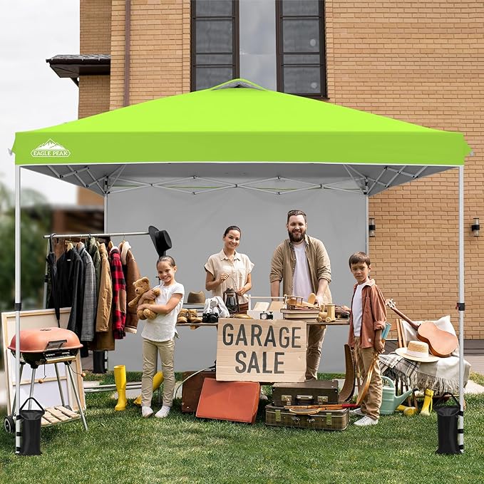 EAGLE PEAK Pop Up Canopy Tent with 1 Sidewall, Easy Setup Event Tent, Outdoor Sun Shade, Wheeled Carry Bag, Stakes and Guy Ropes, Instant Canopy 10x10, Neon Green