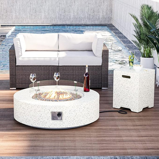 HOMPUS Outdoor Round Propane Fire Pit Table, 41''x12'' Fire Table w Wind Guard & 20lb Tank Cover Table, 50000 BTU Fire Pit w Free Waterproof Cover & Fire Stone for Patio, Garden, Colorful Terrazzo