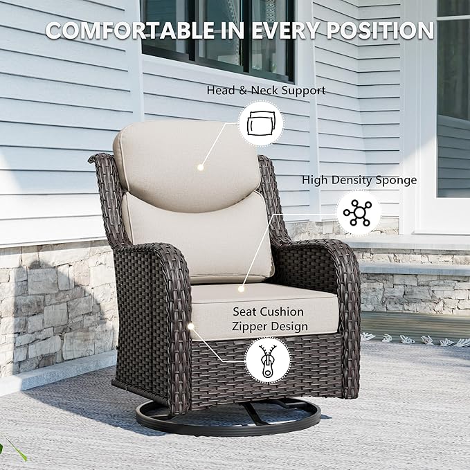 Patio Swivel Chairs Set of 4 and Side Table, Outdoor Swivel Rocker Patio Chairs with High Back and Thick Cushions, Wicker Patio Furniture Set for Porch, Deck Use (Beige, 6 PCS)