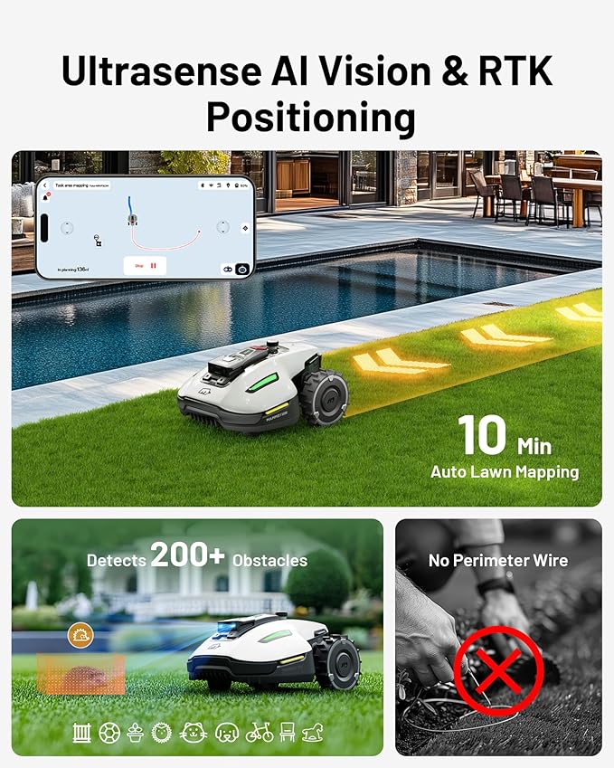 Mammotion YUKA Mini 500H Robotic Lawn Mower Reception 0.12 Acre,Max. 0.25 Acre, Ultrasense AI Vision+ RTK Positioning, Auto Mapping, App Control, 50% Slope, Cutting Height 2''~3.5'', 15 Mowing Zones