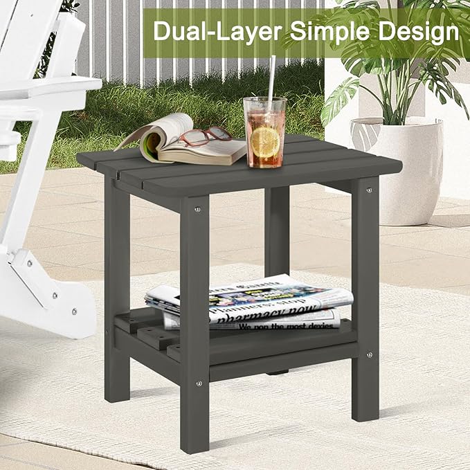 Adirondack Outdoor Side Table Set of 2, 2-Tier Small Patio End Table, Weather Resistant HDPE Outdoor End Tables for Garden, Lawn, Pool, Beach, Porch, Deck, Backyard - Square, Dark Gray