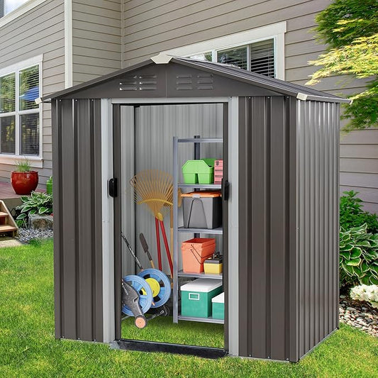 Vongrasig 6x4 FT Outdoor Storage Shed, Metal Garden Shed Clearance with Window and Lockable Door, All-Weather Sloping Roof Tool Shed for Backyard, Patio, Grey