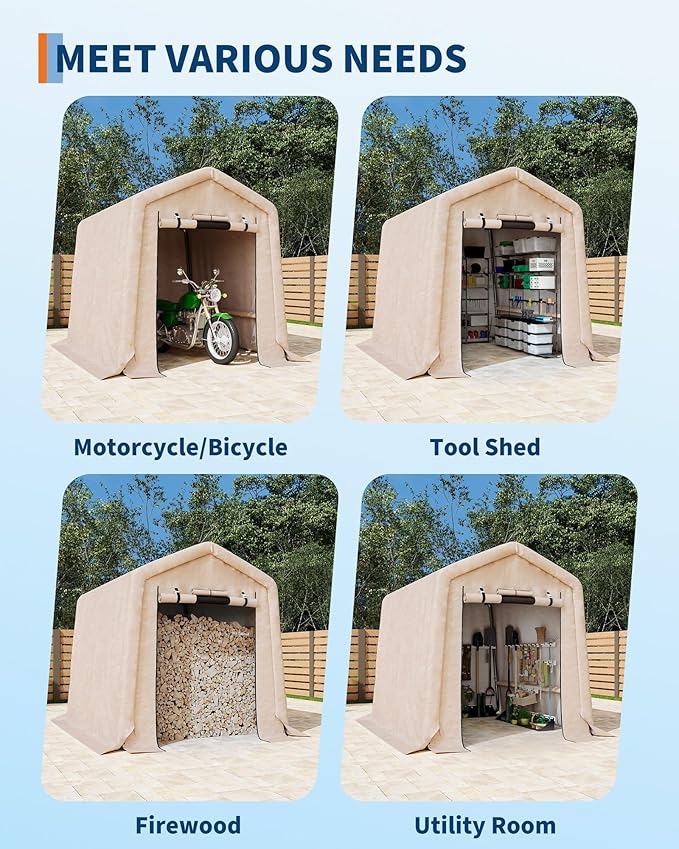  6X8 FT Heavy-Duty Portable Outdoor Storage Shed with Roll-Up Zipper Door & Vent, 240g Waterproof Carport Storage Shelter, UV-Resistant Canopy for Motorcycle, Firewood, Tools -Gray ﻿