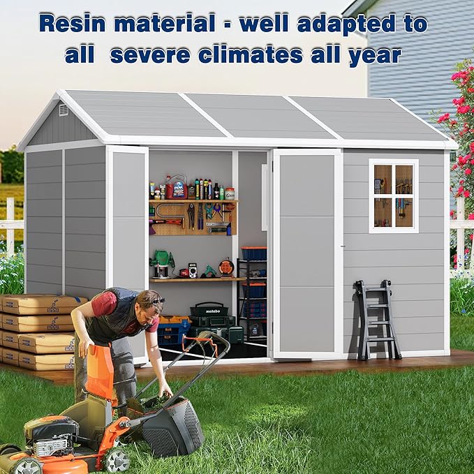 8x10 FT Resin Outdoor Storage Shed with Floor, Weather-Resistant Plastic Garden Shed with Windows, Lockable Door and Vents, Outside Tool Storage Sheds for Backyard, Garden, Lawn, Grey