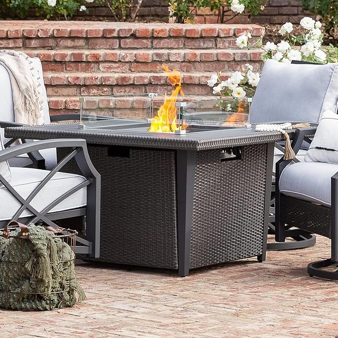 42 Inch Propane Gas Fire Pit Table, 50,000 BTU Outdoor Square Aluminum Fire Pit Table, Lid Wind + Guard + Weather Cover, CSA Certified 2 in 1 Rattan Fire Table for Patio, Garden, Backyard, Gray