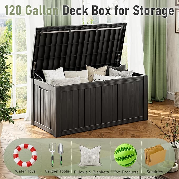 Outdoor Storage Box, Resin Deck Boxes Indoor and outdoor, Waterproof Storage Box Lockable Lid (Black, 150 Gallon)
