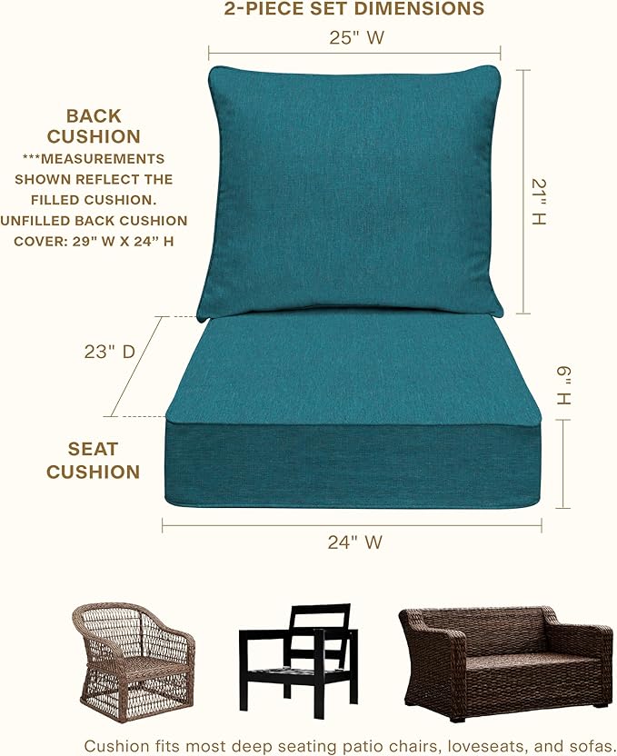 Honeycomb Outdoor Heritage Deep Seat, 24 x 23, Textured Solid Teal Chair Cushion for Patio Furniture