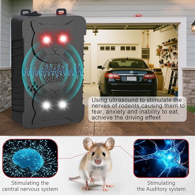 Rodent Repellent for Car Engines, 4Packs Power Supply Rat Deterrent for Car Engines, Ultrasonic Mouse Repeller with Strobe Light, Under Hood Rodent Repellent Keeps Rats Away from Vehicle Car