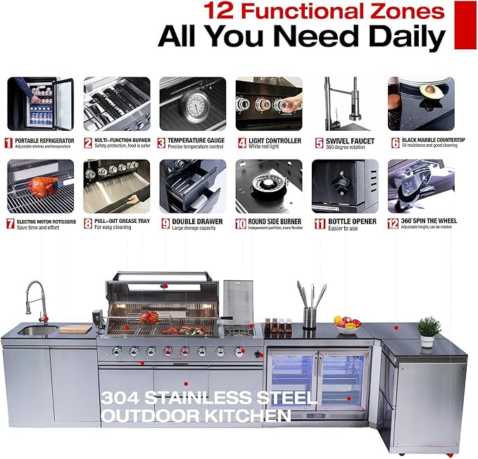 BBQ Grill Island Outdoor Kitchen: Luxury 160 Inch 6-Burner 96000 BTU Stainless Steel Built-in Propane Gas Barbecue Station with Wine Cooler Refrigerator, Rotisserie, Storage Cabinets, Drawers, Sink