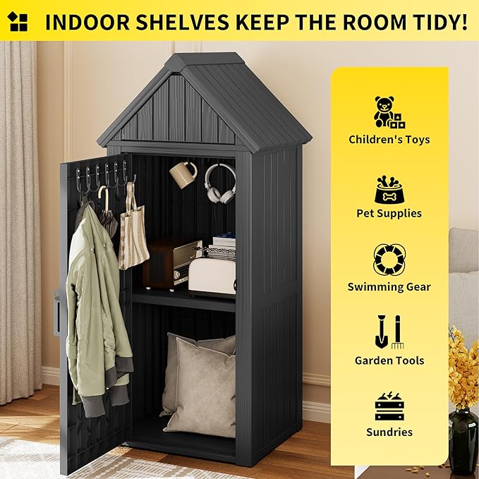 Fancyango Outdoor Resin Storage Shed, Upgrade Sturdy Storage Cabinet with Removable Shelves and Lock Ring, Reinforced Floor, All-Weather Construction for Garden Patio Lawn (Black)
