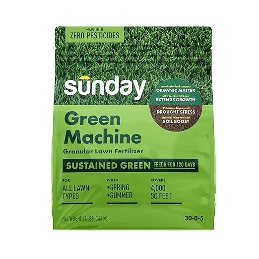 Sunday Green Machine Granular Lawn Fertilizer - 30-0-5 Mix for Up to 120 Days of Growth - Enriched with Potassium & Organic Matter for Soil Health & Extended Feeding - 12lbs - Covers Up to 4,000 Sq Ft