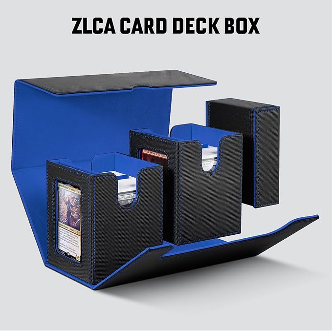 ZLCA Card Deck Box with Commander window Display, MTG Deck Box with Dice Tray Holds 200+ Double-Sleered Cards,Card Storage Case fit for YuGiOh,MTG,Sport (Black&Blue)