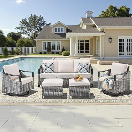 5 Pieces Patio Furniture Sets - All Weather Outdoor Swivel Rocker Patio Chairs with 3-Seat Sofa and Multifunctional Ottomans, Outdoor Conversation Set for Garden Porch Balcony Deck Gray/Beige