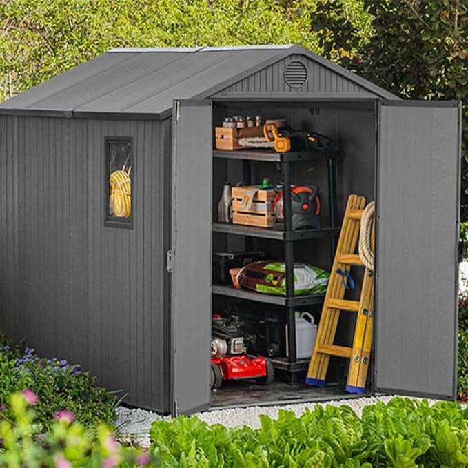 Keter Outdoor Storage Tool Shed, for House, Patio & Yard, Darwin, 6 x 8 Ft, Graphite Gray - Portable and Lockable Resin Utility Organizer for Backyard, Pool, Garden or Lawn Organization