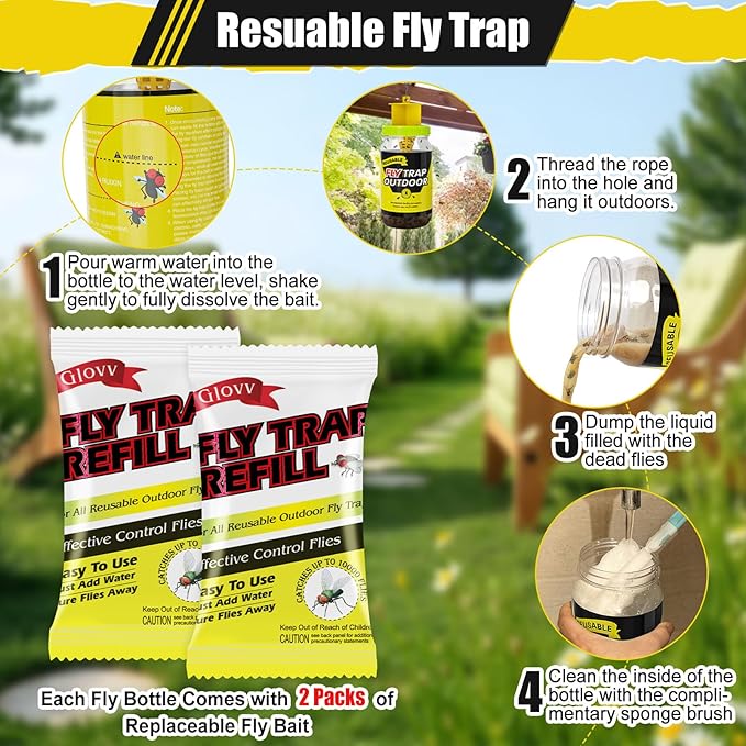 Reusable Fly Traps Outdoor Bottles, 3 Pack Fly Killer Catcher Jar with 6 Natural Magnet Bait Refills Lure, Flies Bug Insect Trap Control Outdoor Hanging for Outside Barns, Stable, Patio
