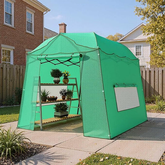 8.5 x 7 ft Large Walk-in Pop-Up Greenhouse, Portable Plant Tent with 4 Zipper Doors & 3 Height Adjustments, Heavy-Duty PE Cover for Outdoor/Indoor Use in All Weather