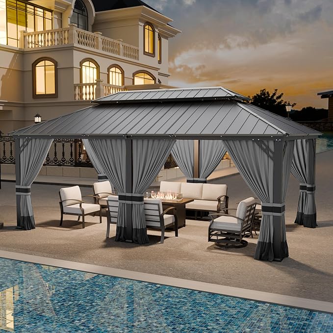 12x20ft Hardtop Gazebo Double Roof, Outdoor Pavilion with 2-Layer Hard top Galvanized Iron Frame Garden Tent, Suitable for courtyards, backyards, Decks, and Grass