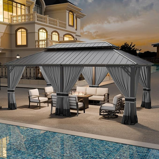 12x20ft Hardtop Gazebo Double Roof, Outdoor Pavilion with 2-Layer Hard top Galvanized Iron Frame Garden Tent, Suitable for courtyards, backyards, Decks, and Grass
