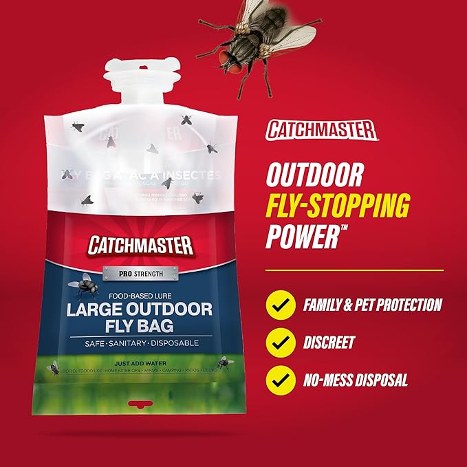 Catchmaster Pro Series Disposable Fly Bag 2-Pack, Hanging Fly Trap Outdoor Home, Bug Catcher and Flying Insect Trap with Premium Food Lure, Pest Control XL Bag for Backyard, Pool, Patio & Camping