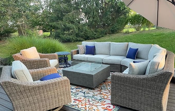 AMS Creations | Albany Square Propane Gas Outdoor Fire Pit Table | Concrete GFRC Fire Pit Table | with SS Lid, Canvas Cover, Lava Rock and Wind Guard Included (Fuel Type: Liquid Propane)