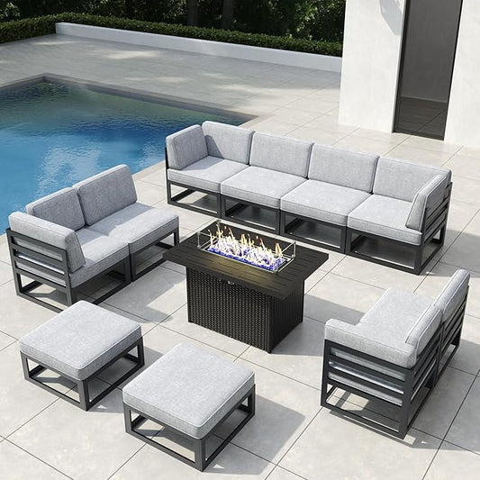 11 Pieces Aluminum Patio Furniture Set with Propane Gas 44" Fire Pit Table, Metal Outdoor Conversation Sofa Set with Seating Cushions