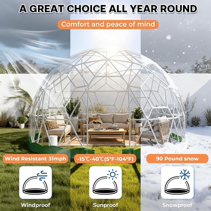 Garden Dome Tent 15*9.5FT, 360° View Geodesic Dome Greenhouse with PVC Clear Cover, Waterproof Garden Bubble Dome Tent House with 2 x 10M Light Strings for Outdoor, Green