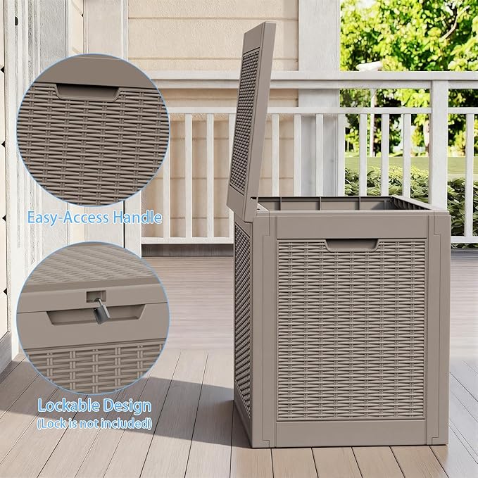 30 Gallon Outdoor Storage Box Waterproof,Outside Delivery Package Deck Box with Lockable Lid,Poolside Storage Bin for Garden Tools,Patio Cushion,Light Brown Rattan
