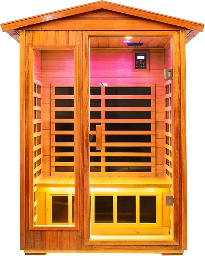LTCCDSS Ultra-Low EMF Outdoor Sauna 2 Person, Mahogany Far Infrared Sauna for Home EMF Average 0.5 mG, Withstand Outdoor Temp -10℉-149℉ Chromotherapy, Bluetooth Speaker