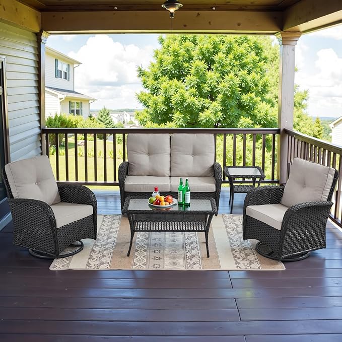 Belord 5 Piece Wicker Patio Furniture Set - Outdoor Conversation Sets with Deep Seating Swivel Rocker Chairs Loveseat and Rattan Coffee Table for Deck Backyard Poolside, Black Wicker/Beige Cushion