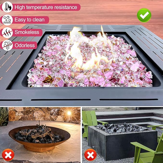 GasSaf 1/2 Inch Fire Glass Reflective Tempered Fireglass Cut Crushed FireGlass for Fire Pit, Fireplace, Replaces Existing Gas Logs & Lava Rocks (10 Pound)(Rose Gold Reflective)