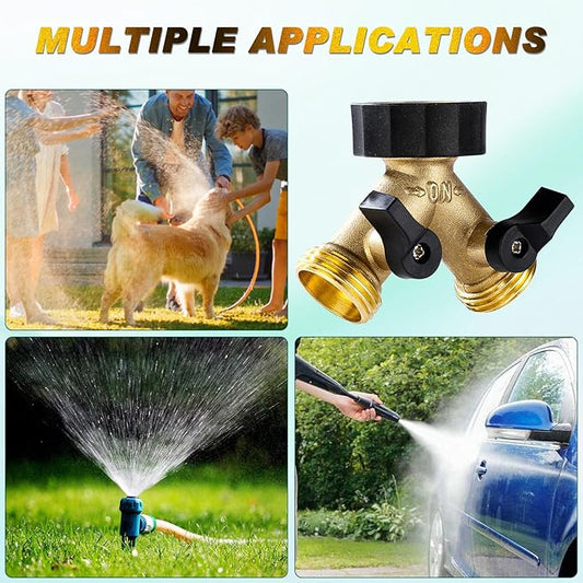 Dalmbox Garden Hose Splitter 2 Way, Y Connector Brass Garden Hose Adapter, Water Hose Splitter, Double Shut Off Valve, Includes 5 Rubber Washers & Teflon Tape(2 pack)