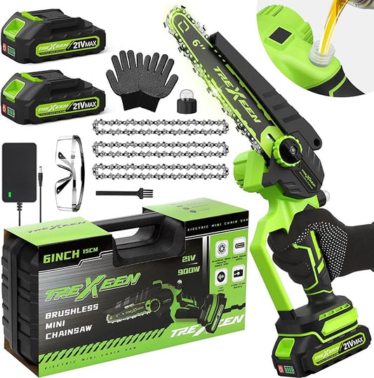 Mini Chainsaw, 6-Inch Electric Chainsaw Cordless, Upgraded 900W Brushless Portable Handheld Small Chain Saw with Auto Chain Regulator & Auto Oiler for Wood Cutting/TreeTrimming/Courtyard (Green)